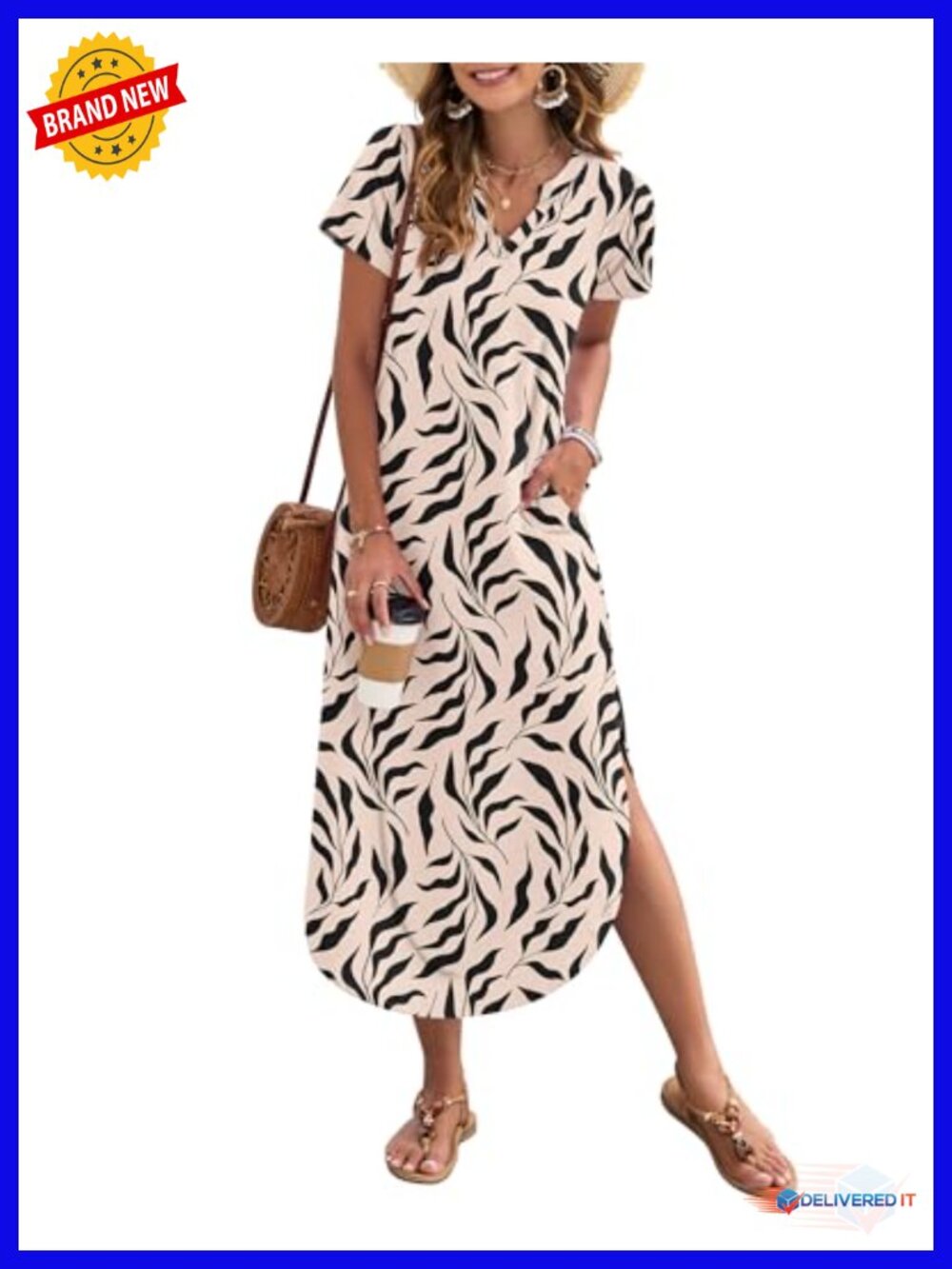 Women's Short Sleeve Maxi Dress with Pockets V-Neck Casual Sundress